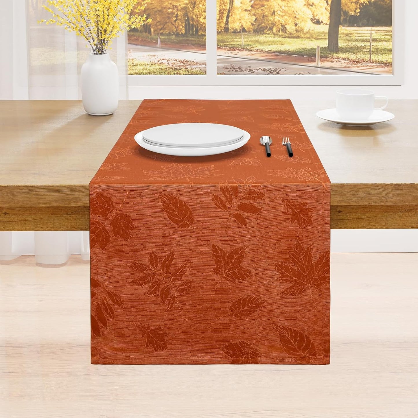 Fall Table Runner - 13X72 Inch Autumn Leaves Damask for Harvest Parties and Thanksgiving Dinner, Rust