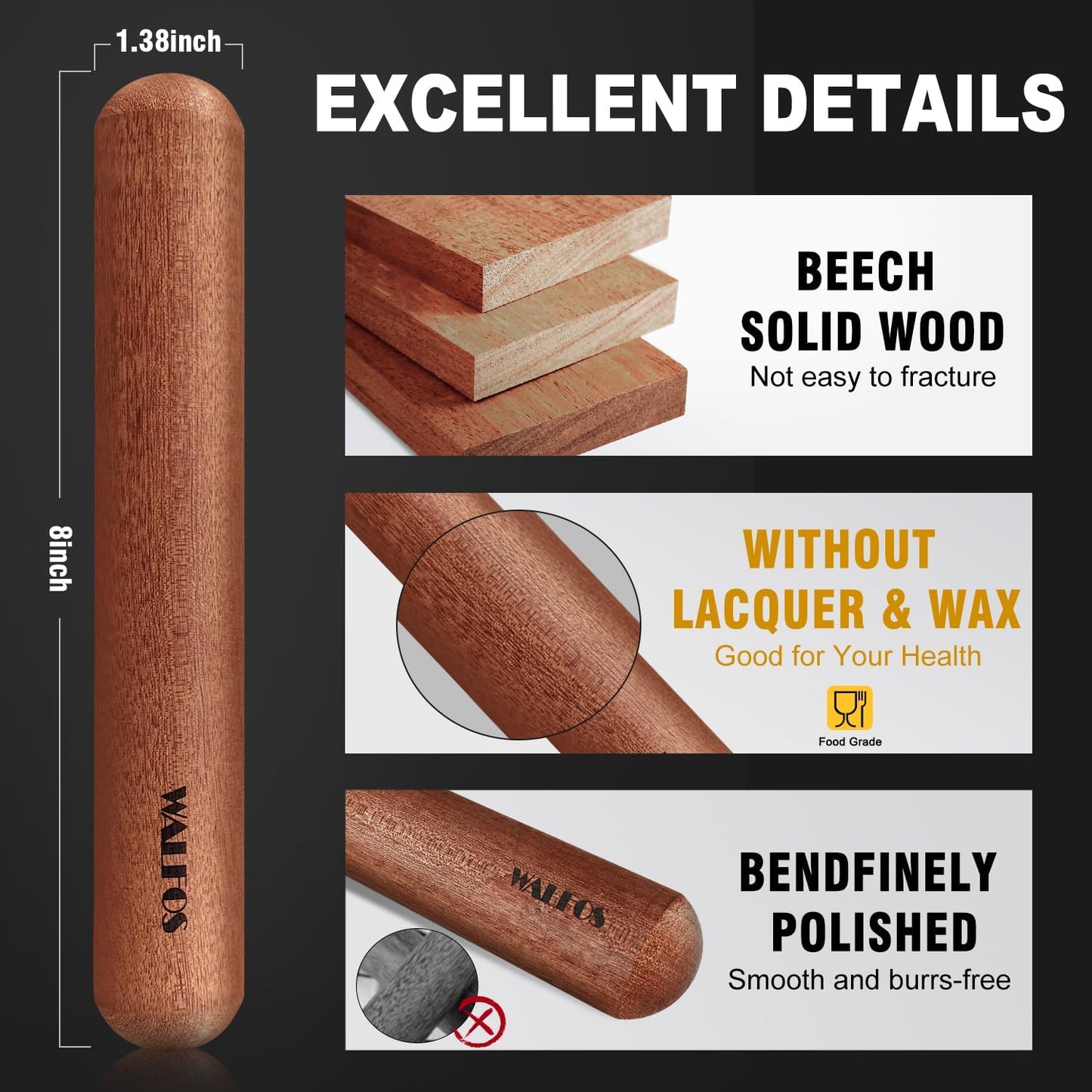 Mini Rolling Pin - Small Natural Wooden Rolling Pins, Baking Dough Roller for Pizza, Pie, Pasta, Bread, Pastry, No Coating (8Inch)