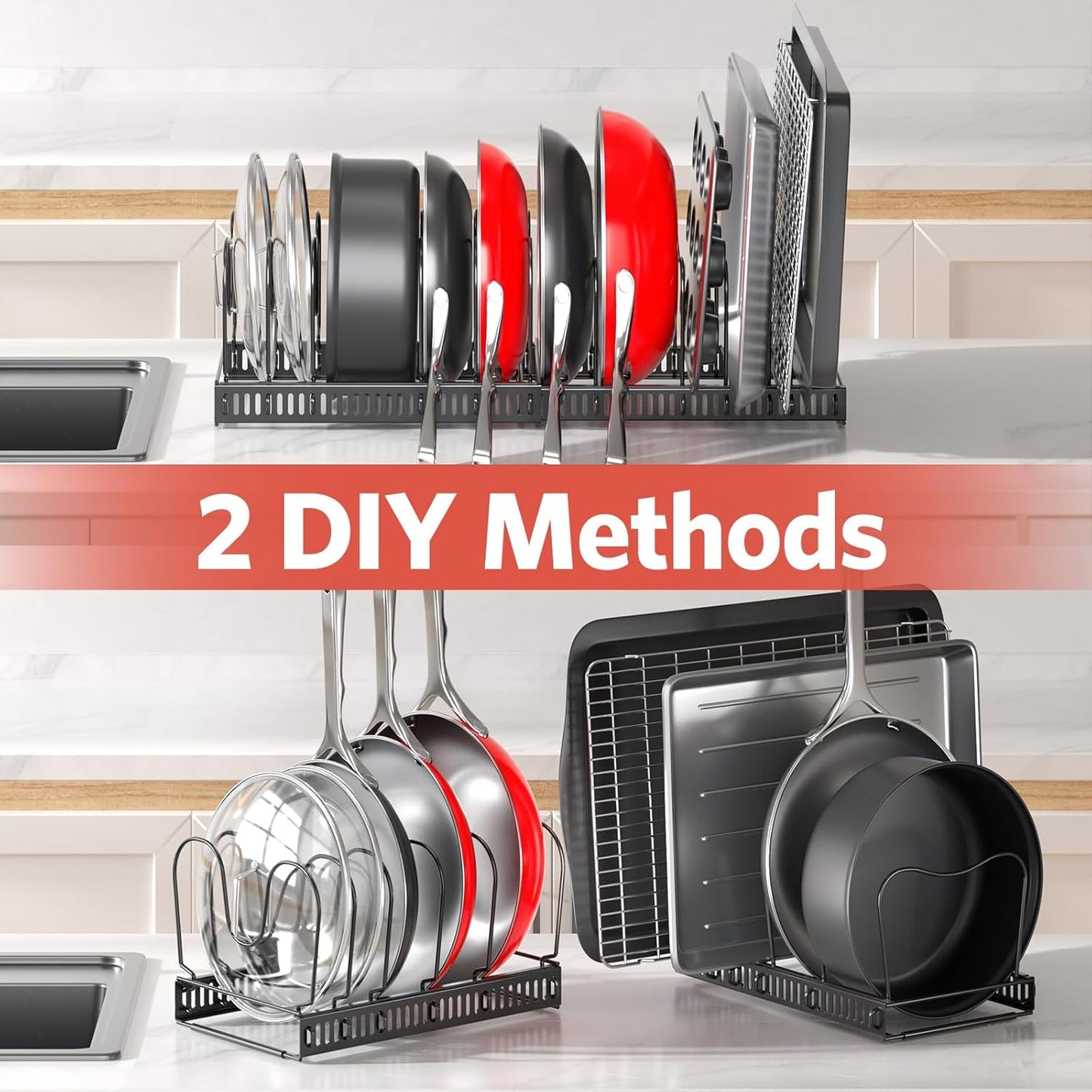 Pots and Pans Organizer under Cabinet with Pan Holder: Expandable 11.8"-22.8" Kitchen Cabinet Organizer Rack, 12 Adjustable Dividers Storage for Cookie Sheets, Cutting Boards & Heavy Cookware