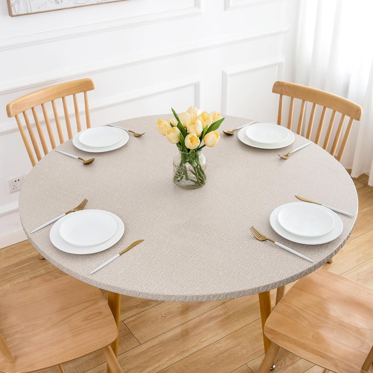 2-Pack Faux Linen Round Table Covers with Flannel Backing, Waterproof Vinyl Fitted Elastic Tablecloths for Picnics, Parties, and Indoor Dining (Fits 45"-56" Round Tables)