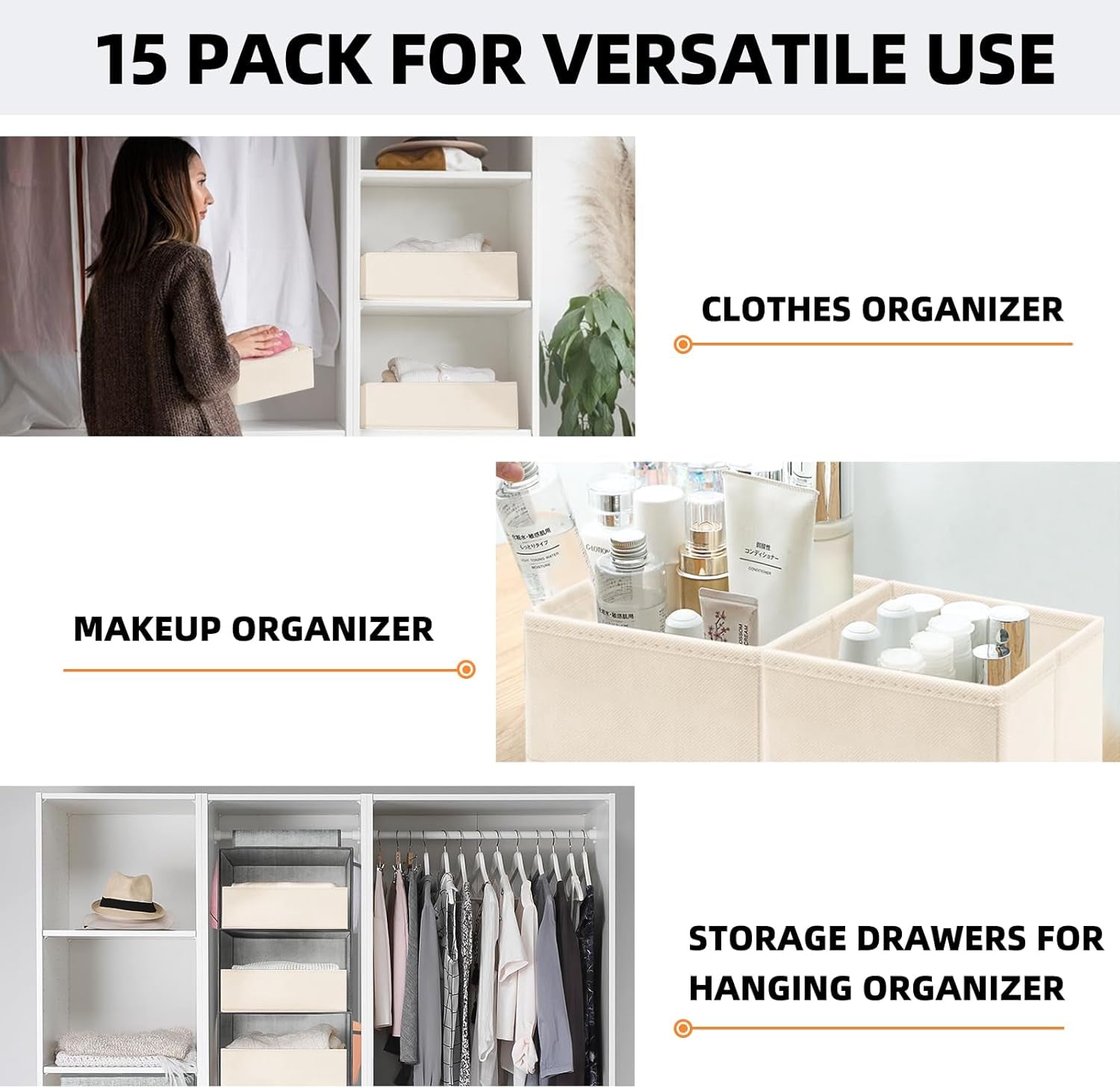 Closet Drawer Organizer Clothes, 15 Pack Dresser Organizer for Baby Clothes, Fabric Drawer Dividers for Nursery Bedroom (Beige)