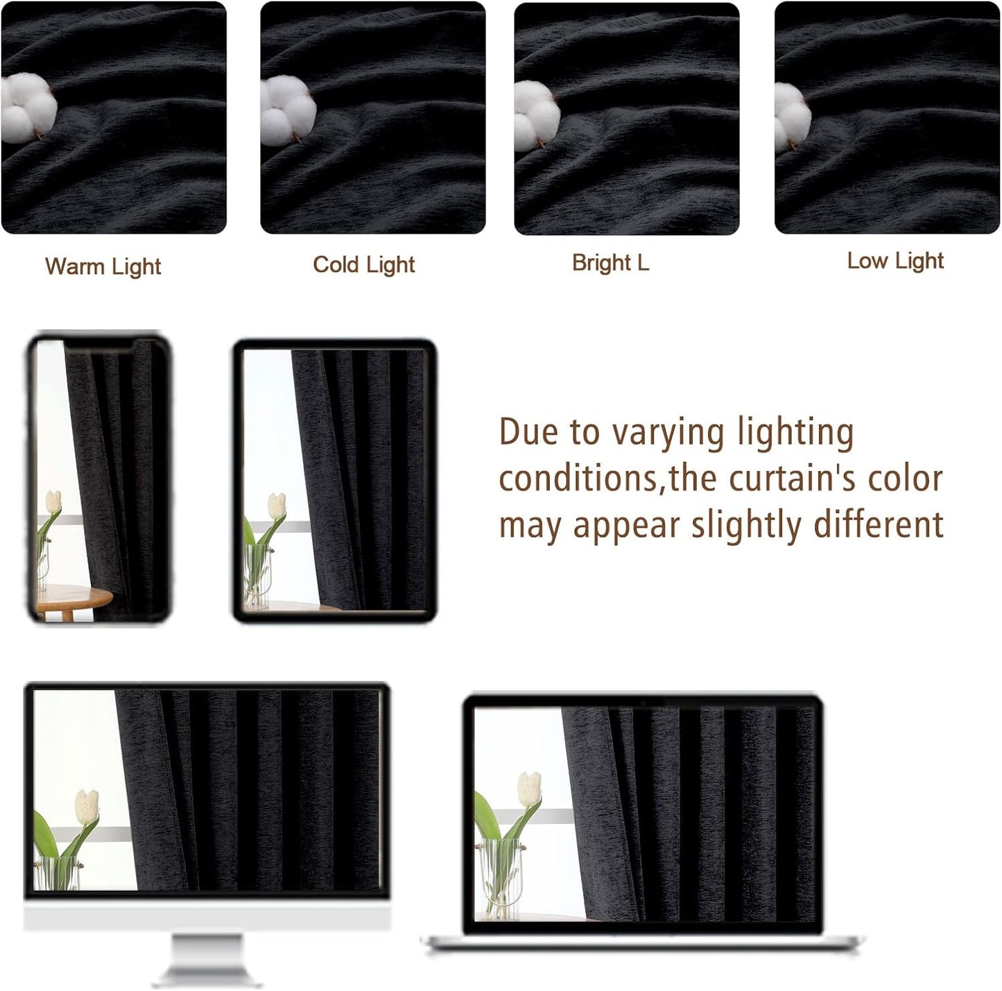 Chenille Black Curtains 72 Inch Length 2 Panels, Light Filtering Luxury Window Curtains, Back Tab Privacy Soft Velvet Window Curtain Drapes for Bedroom Living Room, 40" Wx72 L
