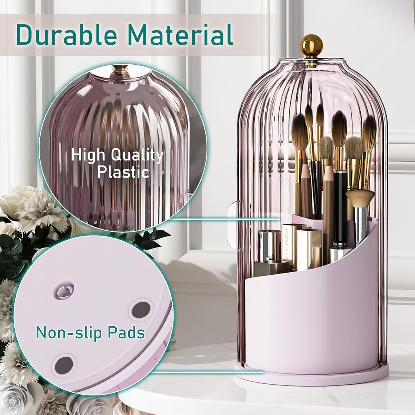 Makeup Brush Holder with Lid Cosmetic Tools Organizer 360 Rotating Waterproof Dustproof Beauty Brushes Storage for Vanity, Pink-Purple