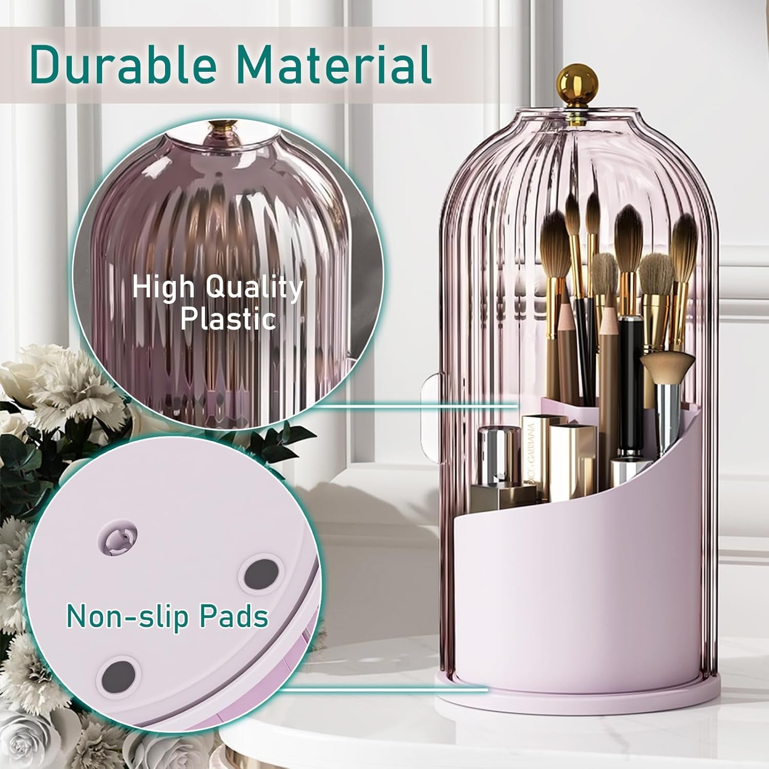 Makeup Brush Holder with Lid Cosmetic Tools Organizer 360 Rotating Waterproof Dustproof Beauty Brushes Storage for Vanity, Pink-Purple