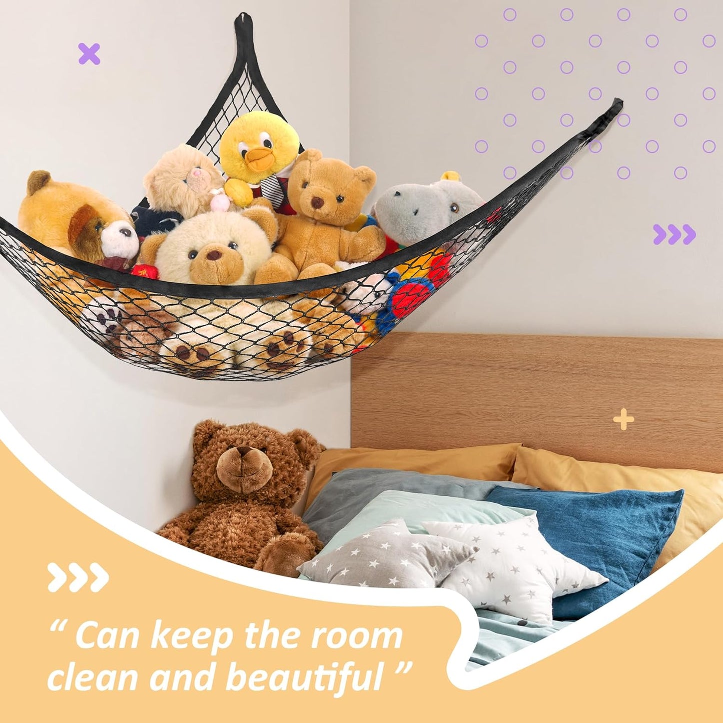 Stuffed Animal Net Hammock for Plushie Toys, Stuffed Animal Hammock Corner for Kids' Room Decor, Ideas for Organizing Stuffy Collection, 2 Pack, Black