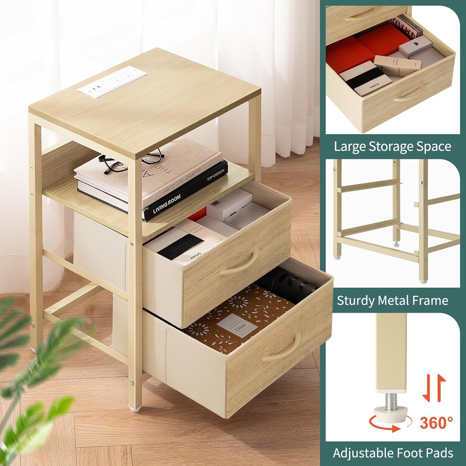 Nightstand with Charging Station, Small Night Stand with Fabric Drawers and Storage Shelf for Bedrooms, Nightstands for Small Spaces, Bedside Table with USB Ports & Outlets, Bed Side Table