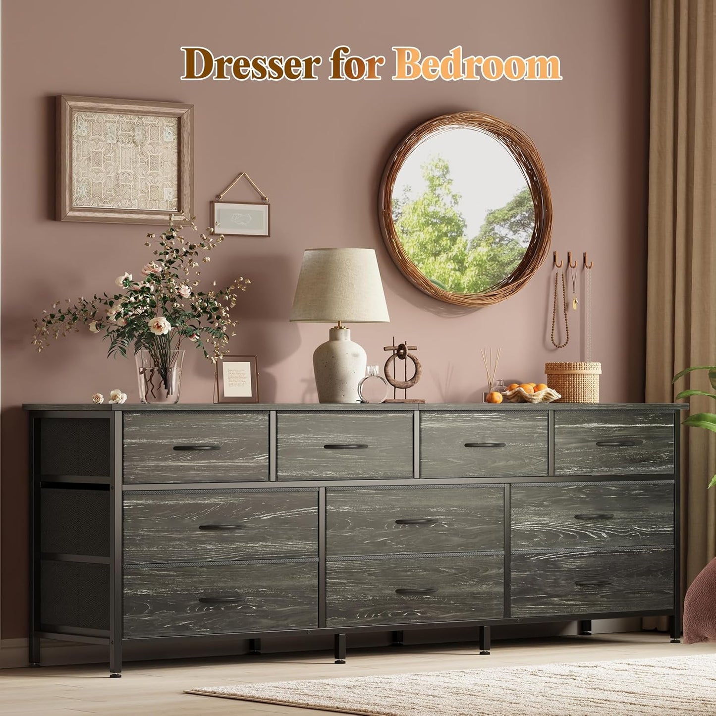 63-Inch Charcoal Black Wood Grain Dresser with 10 Fabric Drawers - Versatile Storage Solution for Bedroom and Living Room, Accommodates 55 to 70 Inch TVs