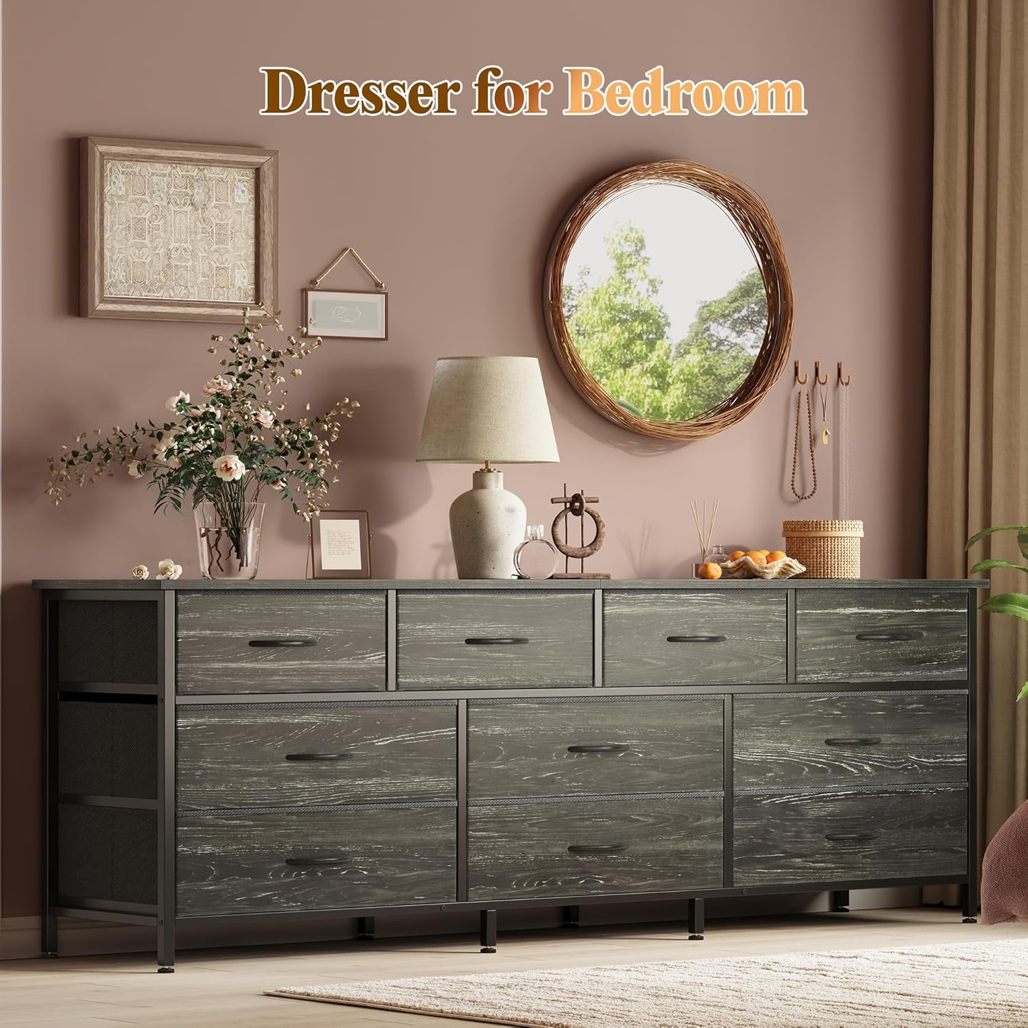 63-Inch Charcoal Black Wood Grain Dresser with 10 Fabric Drawers - Versatile Storage Solution for Bedroom and Living Room, Accommodates 55 to 70 Inch TVs