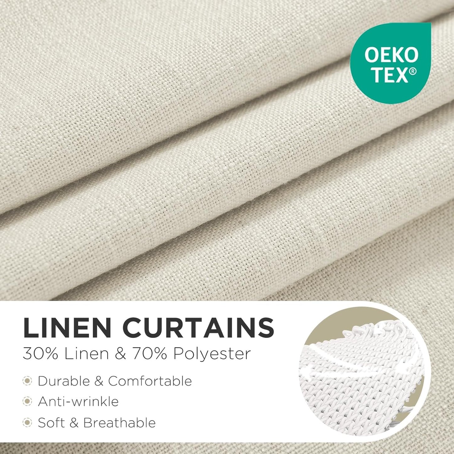 Linen Curtains 96-Inch Length, 2-Panel Set, Light Filtering Drapes for Living Room and Bedroom, 52-Inch Width with Rod Pocket and Back Tab (Ivory on Linen)