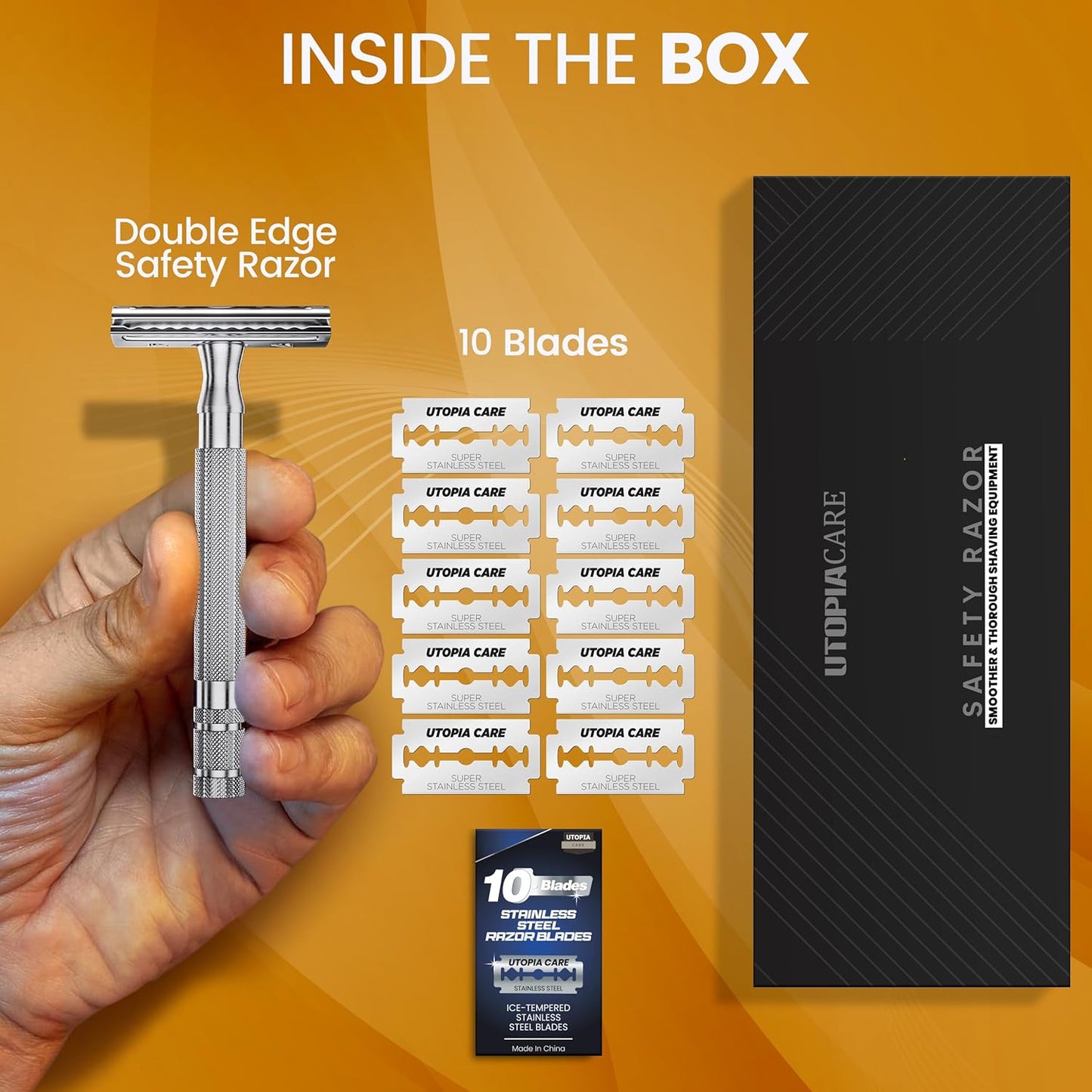 Double Edge Safety Razor for Men & Women with 10 Premium Stainless Steel Blade Refills, Reusable Single Blade Razor, Silver