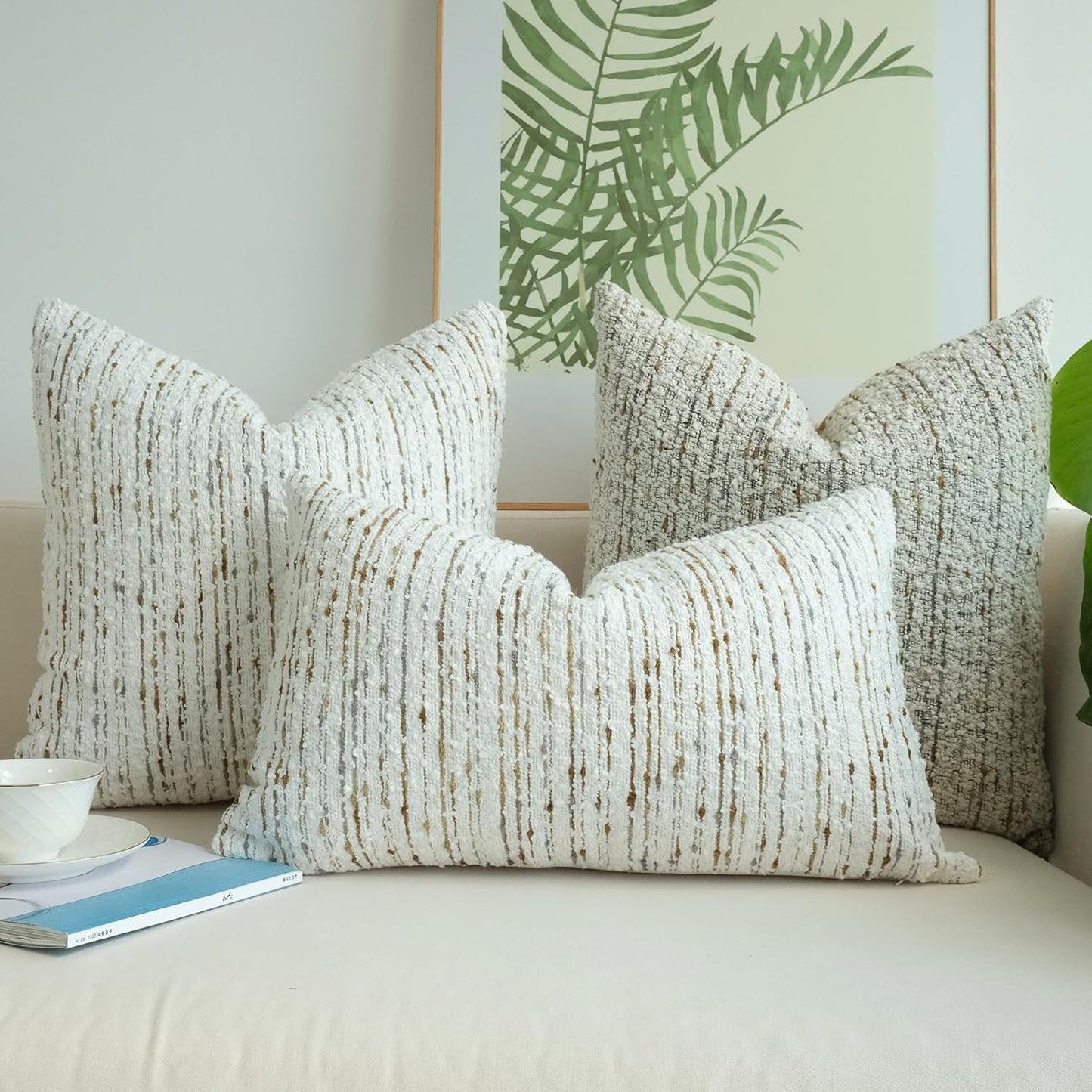 Pack of 2 Textured Bouclel Decorative Throw Pillow Covers Farmhouse Boho Home Decor Striped Corduroy Square Chenille Pillowcases 18 X 18 Inch Beige