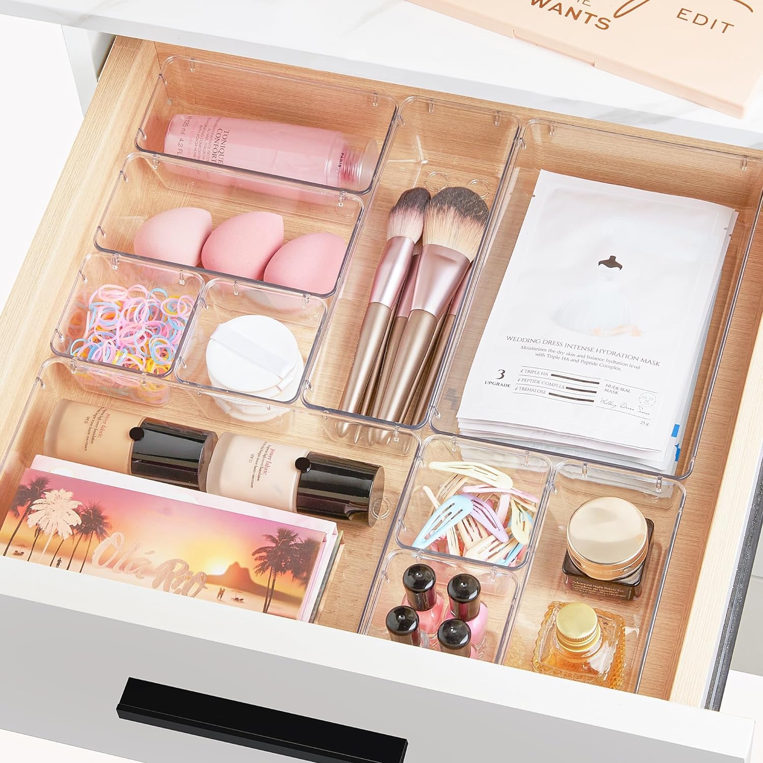 15 PCS Clear Plastic Drawer Organizers Set, 4-Size Versatile Bathroom and Vanity Organizer Trays, Non-Slip Storage Containers for Makeup, Jewelries, Bedroom,Kitchen Utensils and Office