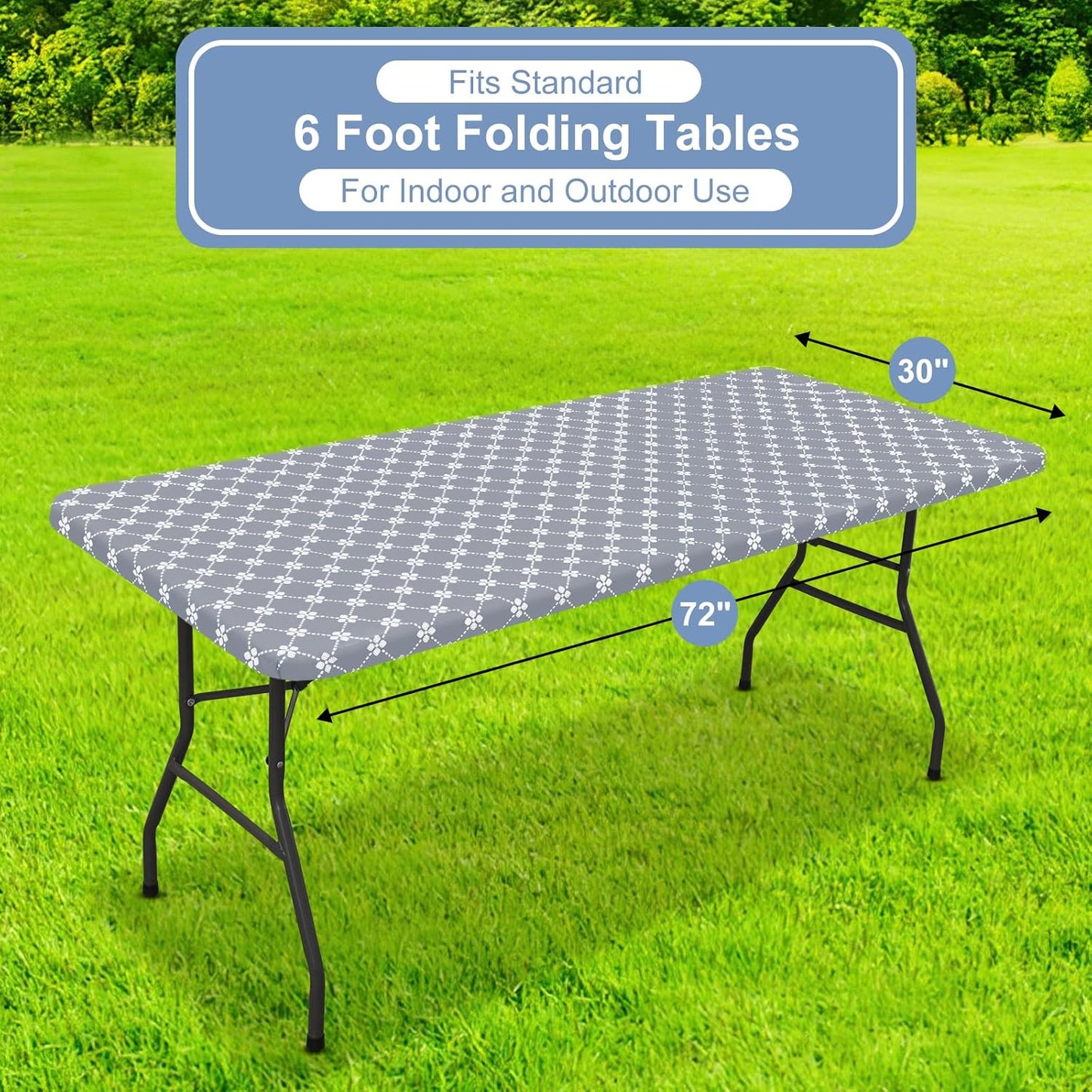 Rectangle Vinyl Table Cloth, Elastic Fitted Tablecloth with Flannel Backing, Waterproof Plastic Table Cover Fits 6 Foot Folding Tables for Camping, Indoor and Outdoor (Grey, 30" X 72")