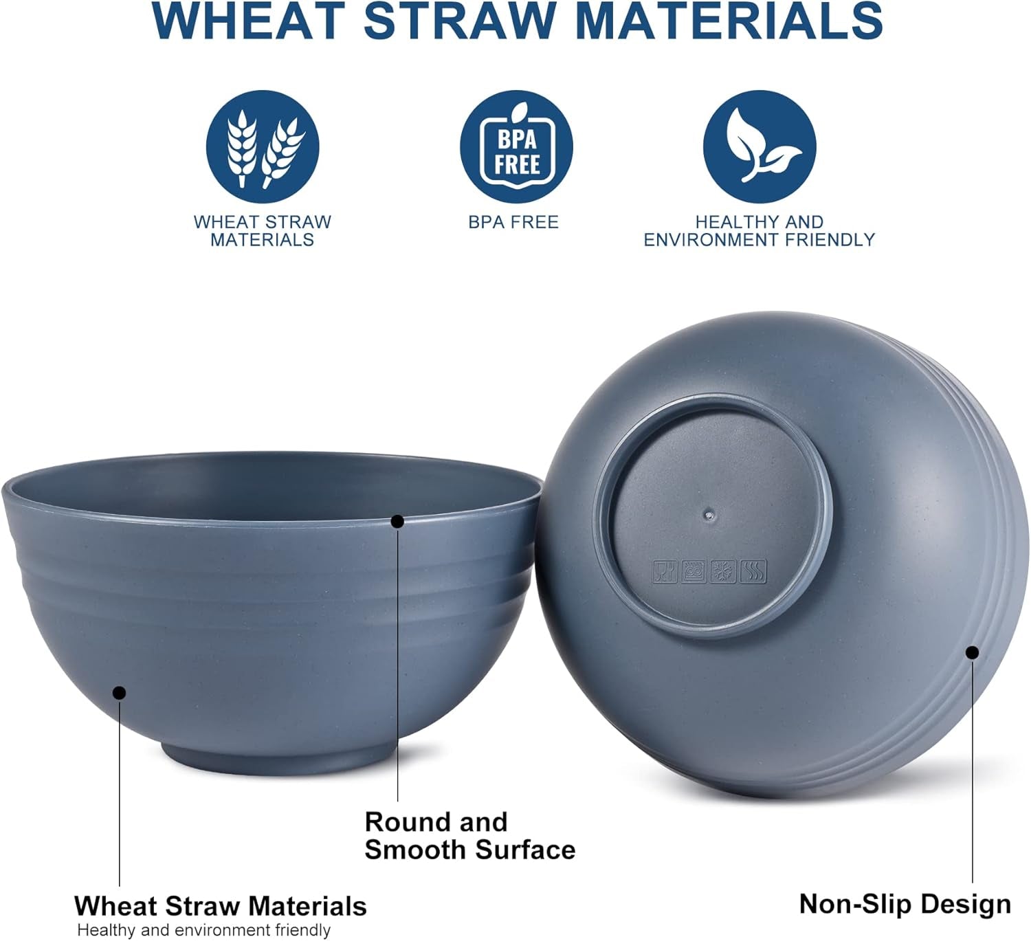 BPA Free Unbreakable Wheat Straw Cereal Bowls - Microwave & Dishwasher Safe Soup and Salad Bowls, Set of 8, 26Oz, Classic Blue