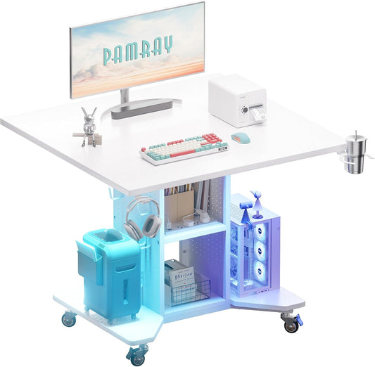 Small Rolling Gaming Desk with Led Lights Power Outlets and Storage Pegboard, Small Spaces Compact PC Computer Table White