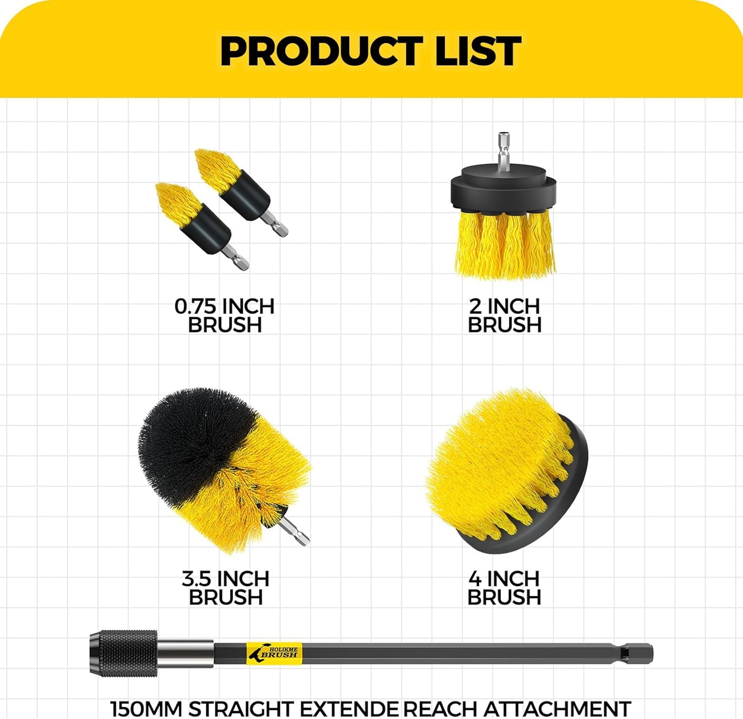 6Pack Drill Brush Power Scrubber Cleaning Brush Extended Long Attachment Set All Purpose Drill Scrub Brushes Kit for Grout, Floor, Tub, Shower, Tile, Bathroom and Kitchen Surface,Yellow