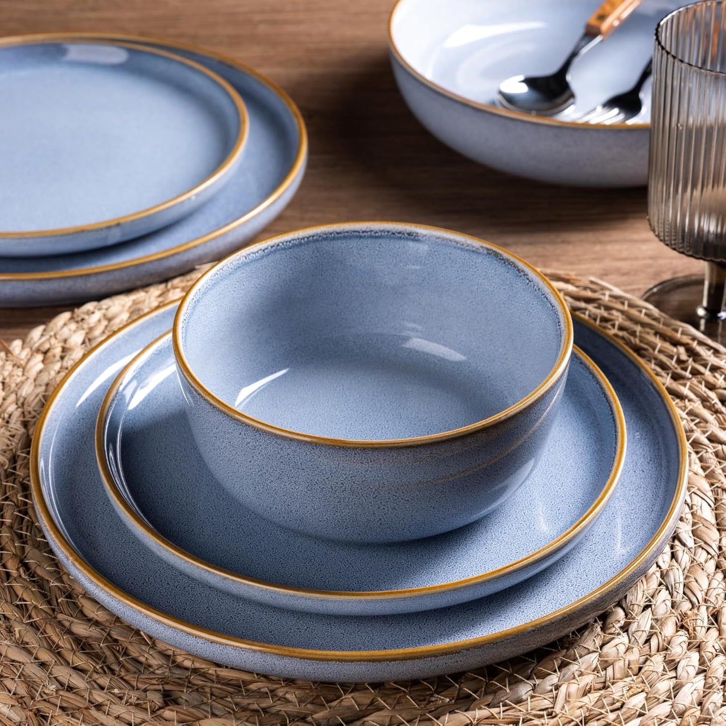 Ceramic Dinnerware Set for Four - 12-Piece Stoneware Plate and Bowl Collection, Scratch-Resistant, Dishwasher and Microwave Safe, Brunnera Blue