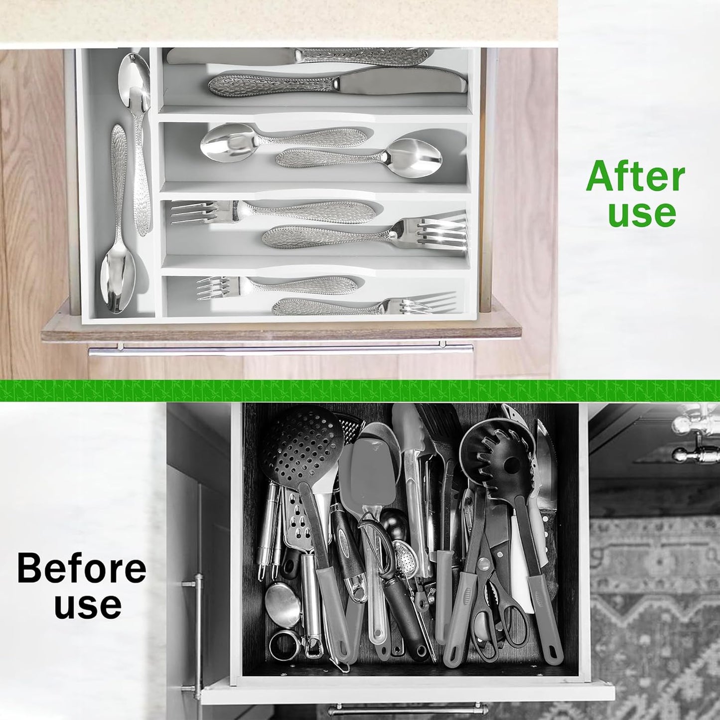 White Silverware Organizer 10 in Utensil Organizer Silverware Tray for Drawer Cutlery Flatware Organizer for Kitchen Bamboo Wood