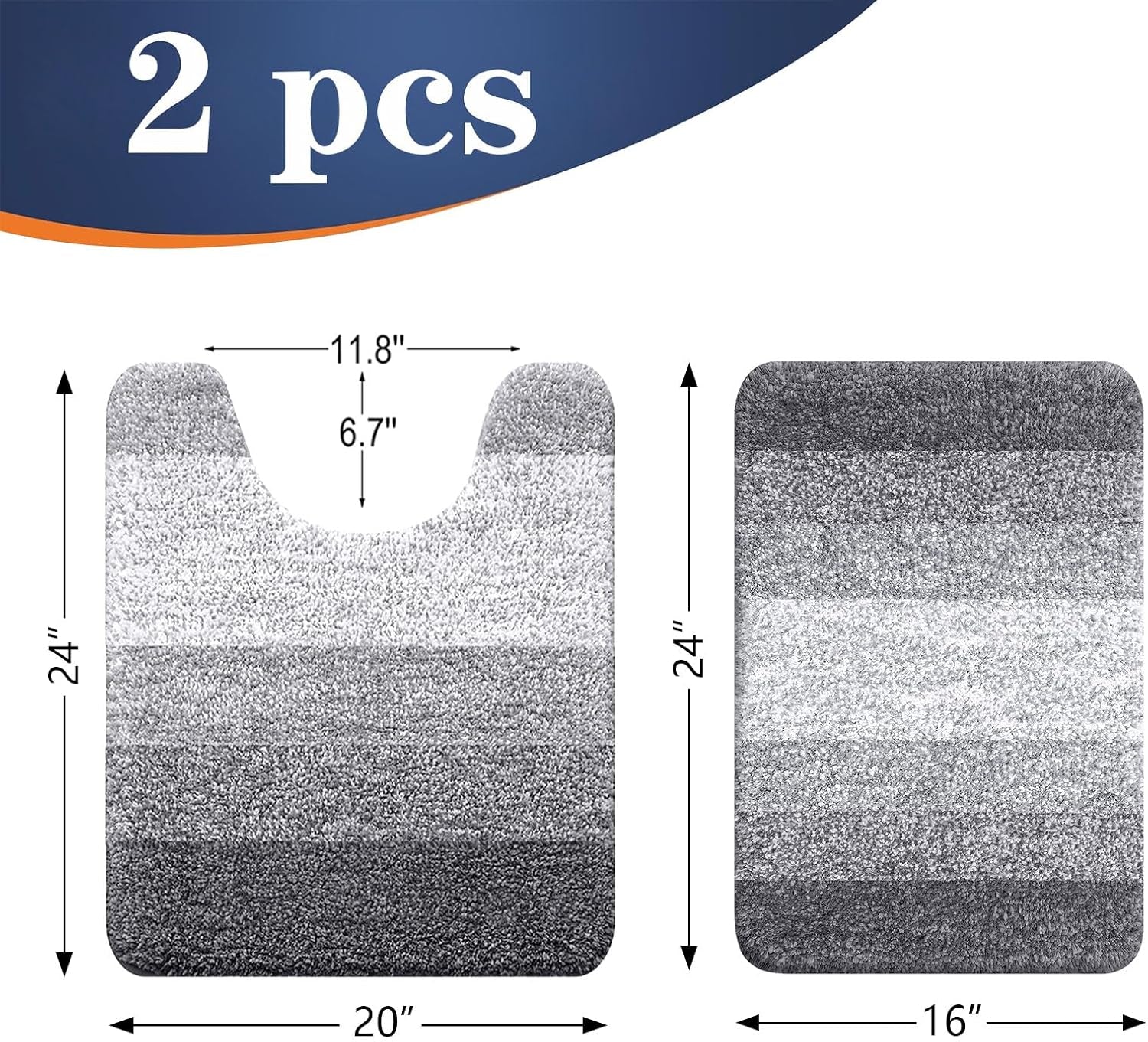 Bathroom Rug Set 2 Piece, Soft Absorbent Microfiber Bath Mats and U-Shaped Contour Toilet Rug, Non-Slip, Machine Wash Dry, Plush Shaggy Bath Mats for Bathroom (24"X16"+24"X20", Grey)