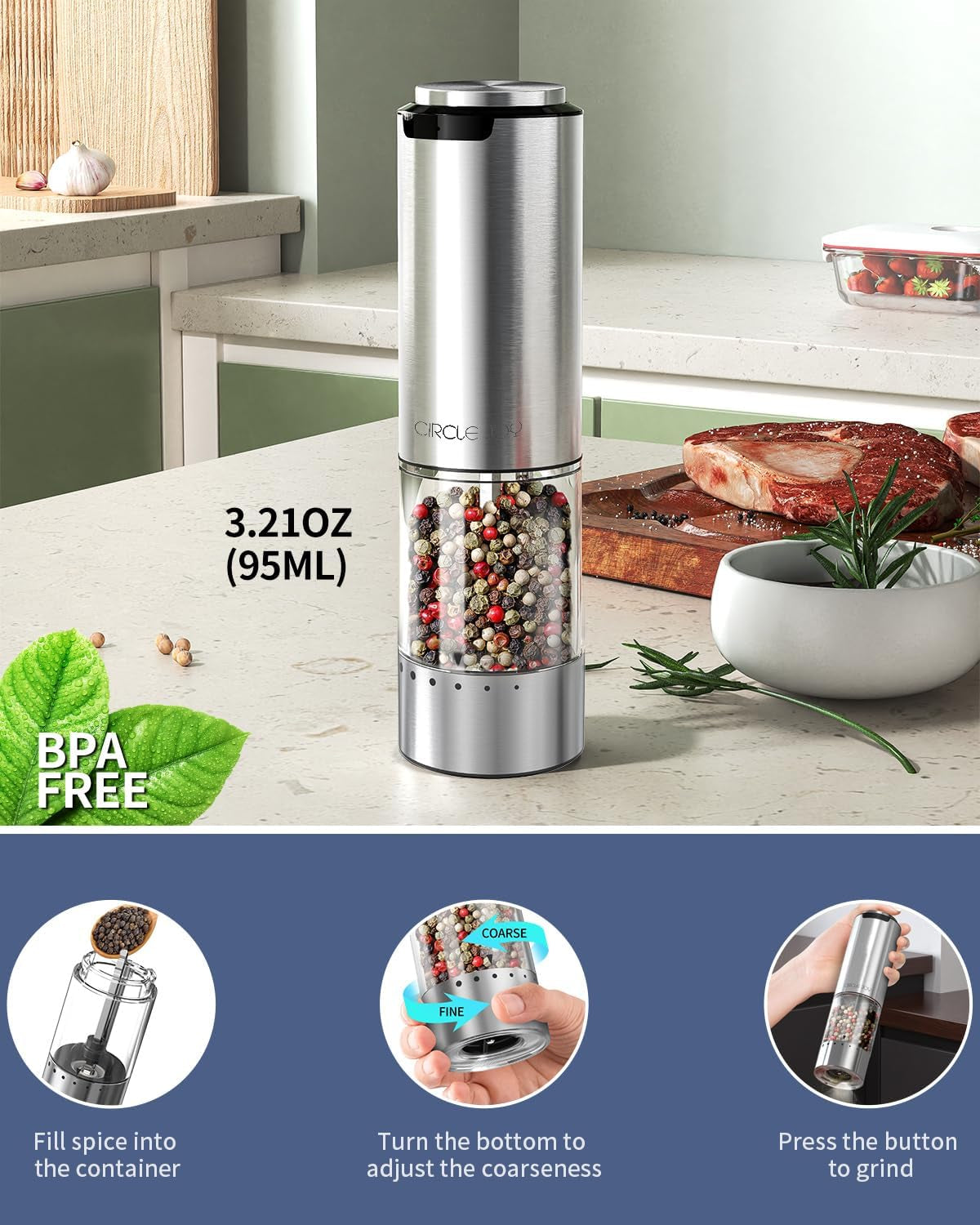 Electric Pepper Grinder Stainless Steel Rechargeable Pepper Mill with External Adjustable Coarseness, 95Ml Container and White LED Light, Silver