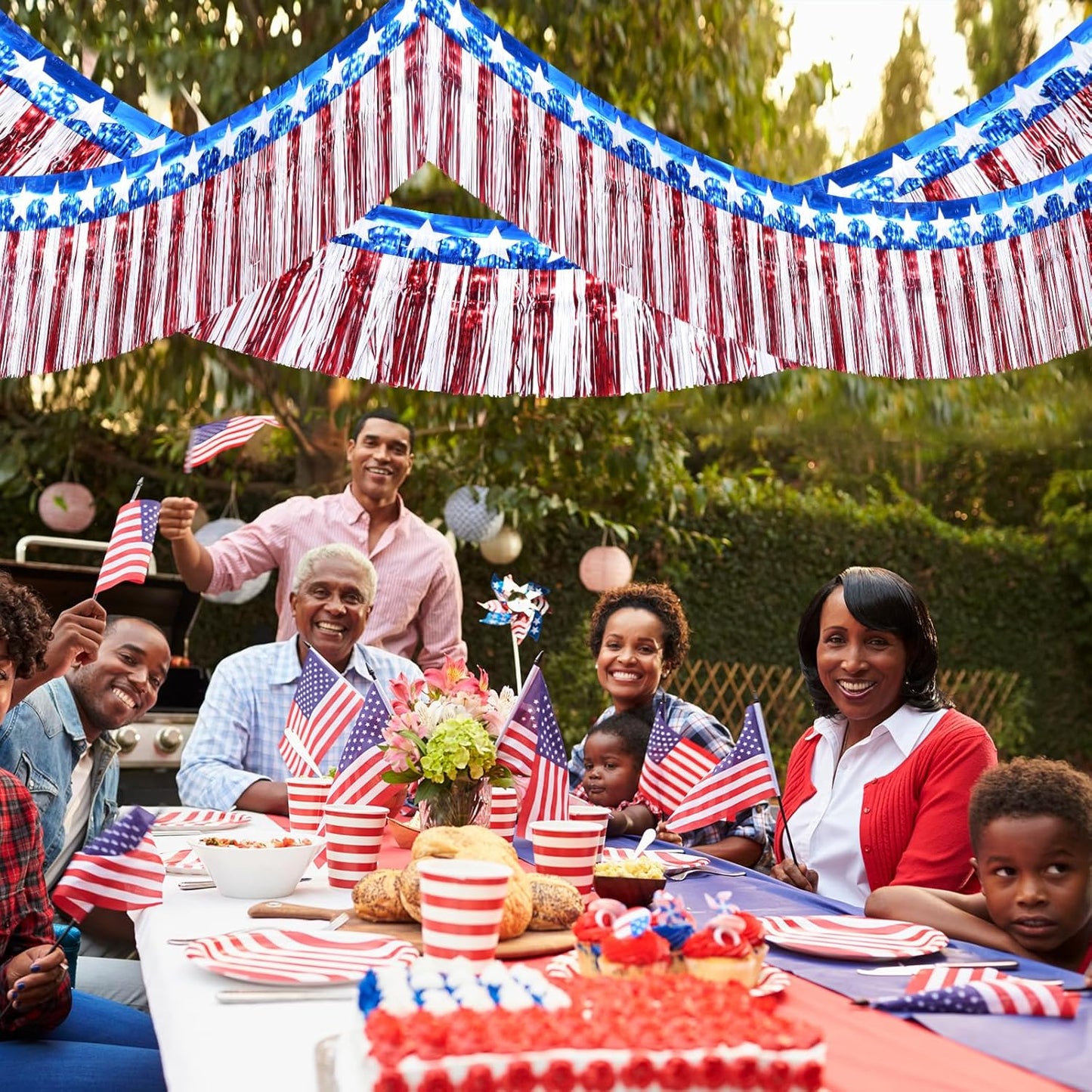 3Pack 30Ft 4Th of July Decorations Banner USA Stars Foil Fringe Garland Tinsel Streamers Red White and Blue Flag for Independent Memorial Veterans Day Patriotic Party Indoor Outdoor Decorations