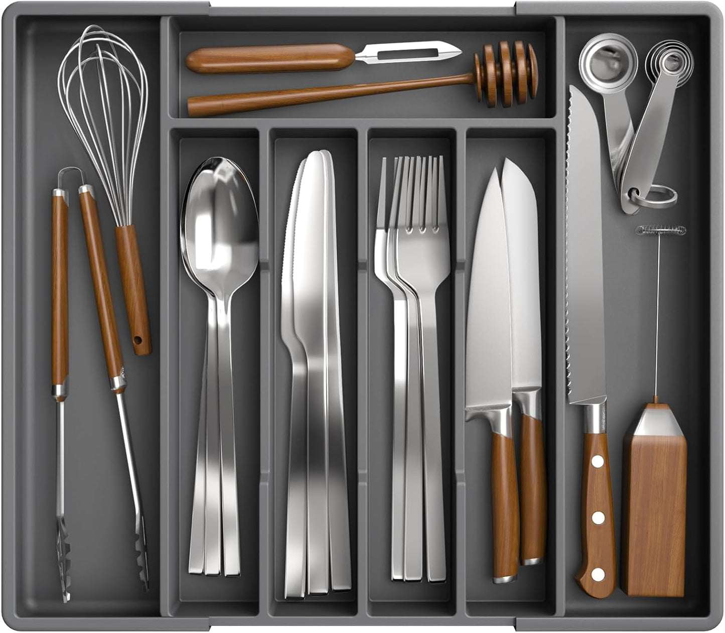 Silverware Organizer for Drawers - Expandable Cutlery and Utensil Drawer Organizer with Easy Maintenance, Premium PP Kitchen Organizers and Storage for Flatware, Grey, 13.2" X 12.2" X 1.6"