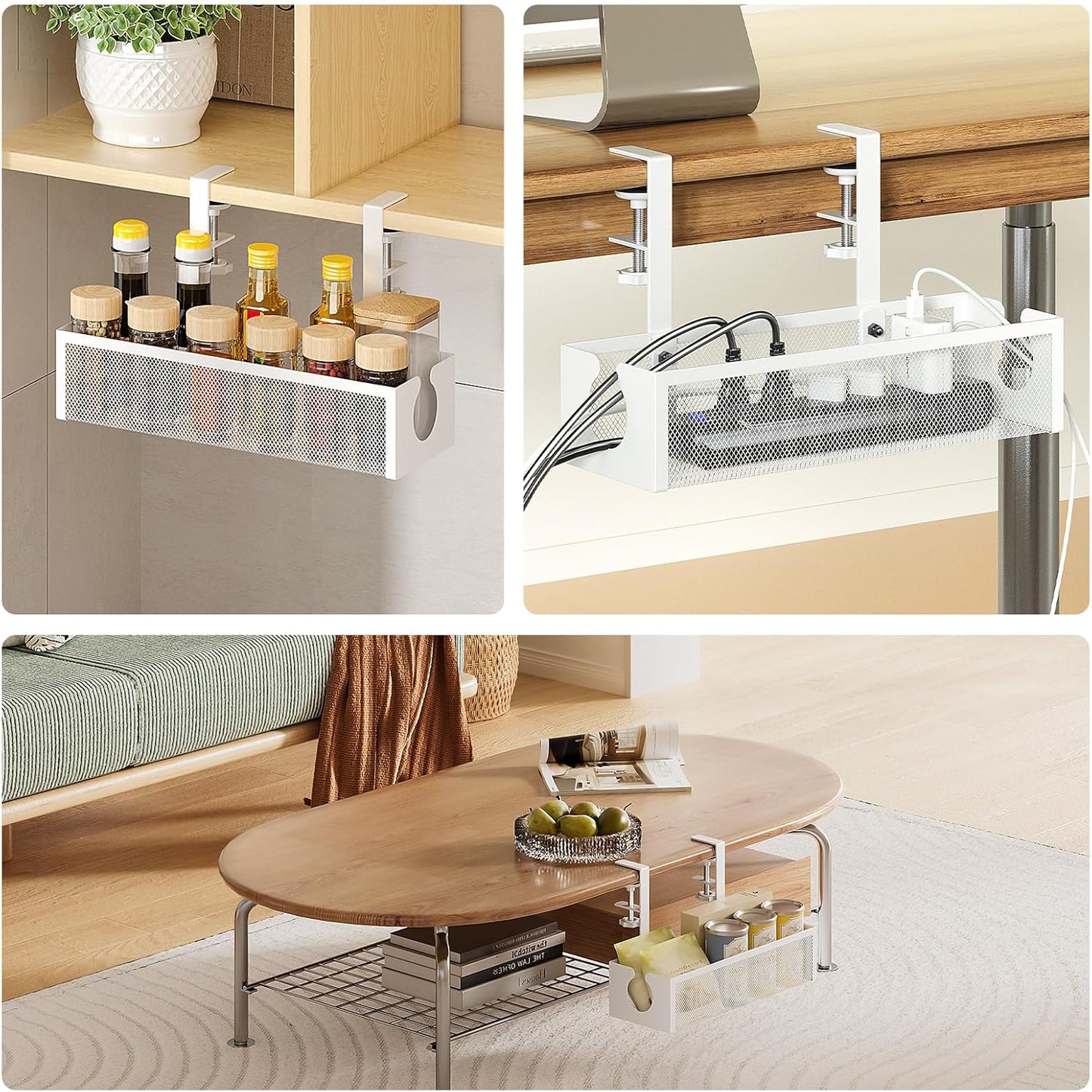 under Desk Cable Management Tray with 2 Open Holes - Metal Mesh Wire Management with F-Clamp, No Drill Cord Organizer, Home Office Cable Tray under Desk Storage & Accessories, 1 Pack, White