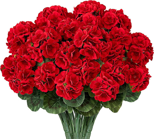 6 PCS 14" Artificial Geranium Flowers for Outdoors, Realistic Artificial Flowers UV Resistant Silk Faux Geraniums for Garden Planter Windowsills Patios Wedding Outdoor Home Decor, Red