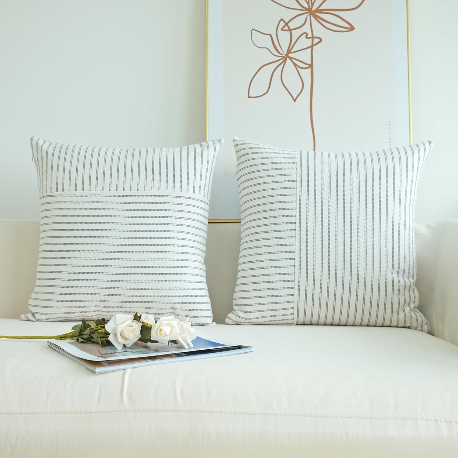 Grey and Beige Patchwork Farmhouse Pillow Covers 18X18 Inch, Pack of 2 Striped Linen Decorative Modern Accent Pillow Cases for Sofa Couch Bedroom 18 X 18