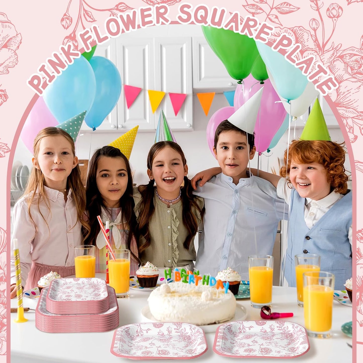 100-Piece Floral Disposable Paper Plate Set - 9-Inch Dinner Plates and 7-Inch Square Dessert Plates for Birthday, Wedding, and Baby Shower Celebrations (Pink, Floral Design)