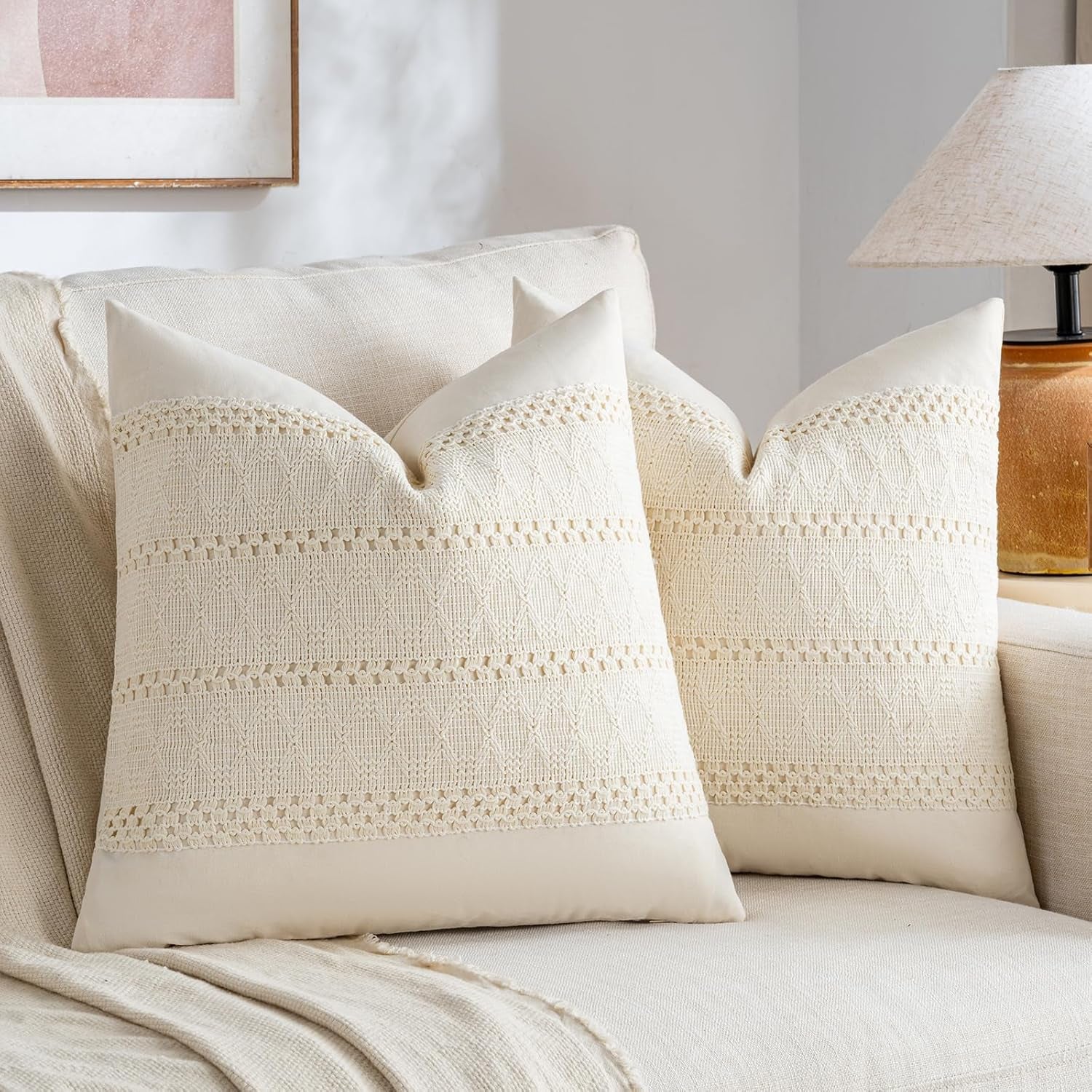 Set of 2 Boho Cream Decorative Throw Pillow Cover 18X18 Inch for Couch Bed Sofa, Aesthetic Modern Organic Farmhouse Home Decor, Soft Cotton Cute Accent Macrame Woven Cushion Case