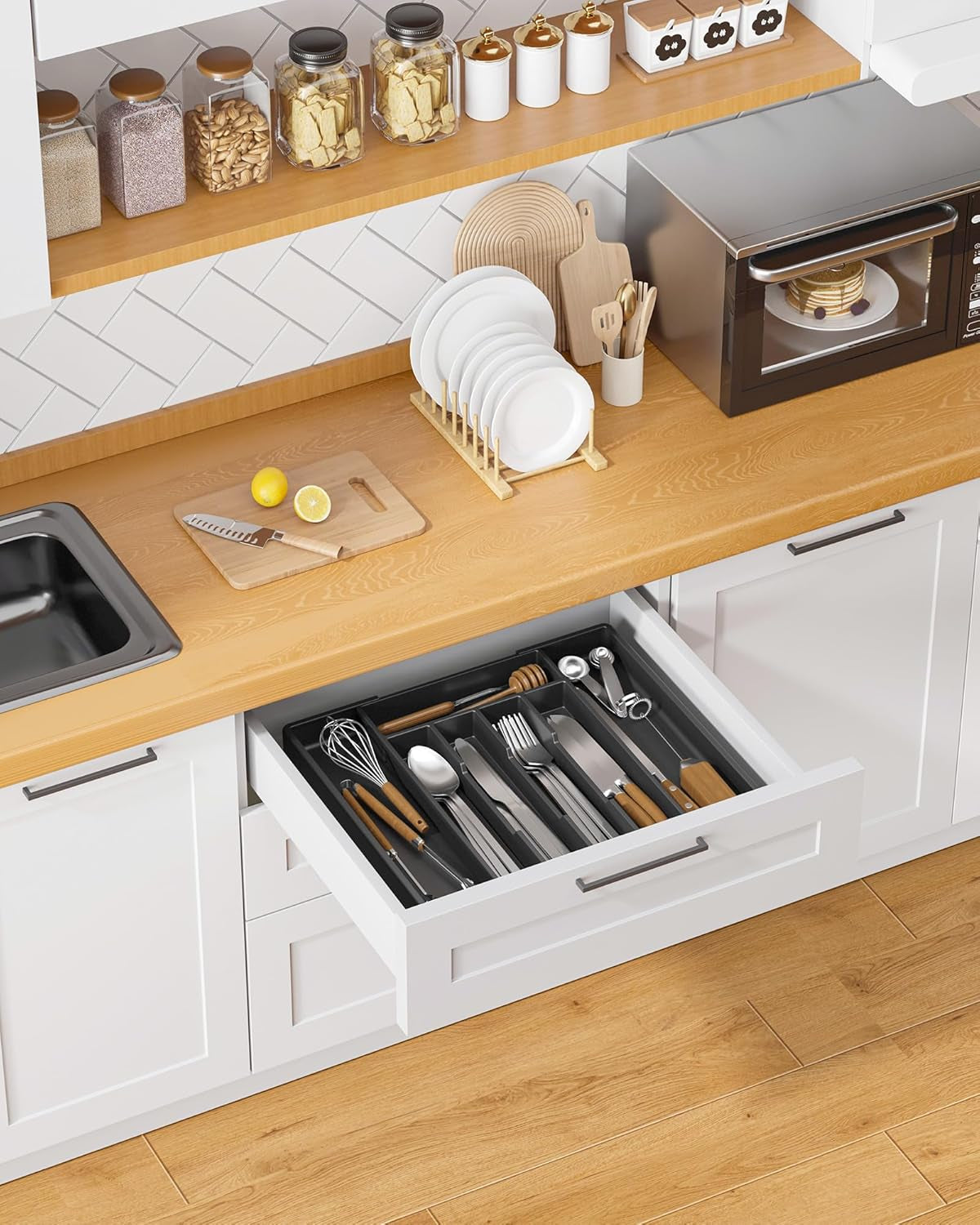 Silverware Organizer for Drawers - Expandable Cutlery and Utensil Drawer Organizer with Easy Maintenance, Premium PP Kitchen Organizers and Storage for Flatware, Black, 13.2" X 12.2" X 1.6"