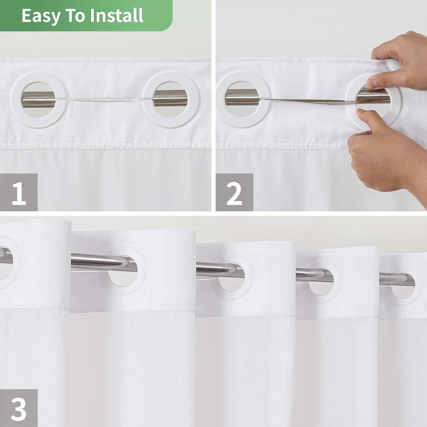 White No Hook Shower Curtain with Snap-In Fabric Liner Set,Slub Textured Fabric Shower Curtains for Bathroom,Hotel Style Modern Shower Curtain,Water Repellent & Washable,71X74(72)