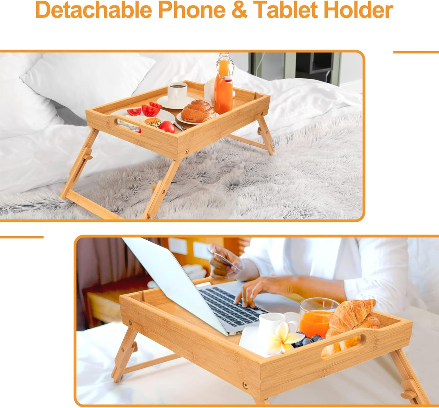 2 Pack Bed Tray Table with Handles Folding Legs, Bamboo Breakfast Food Tray with Media Slot, Use as Platter, Laptop Desk, Snack, TV Tray Kitchen Serving Tray(Natural)