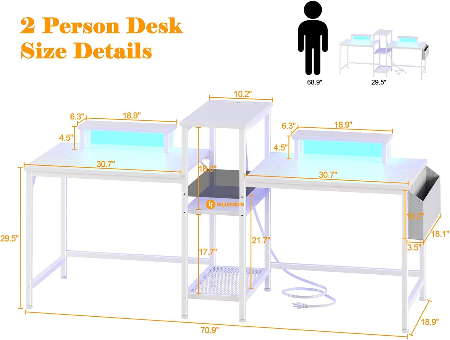 2 Person Gaming Desk with LED Lights, 71 Inch Computer Desk with Power Outlets and Monitor Stand, Double Desk with Storage Bag and Headphone Hooks, Study Writing Table for Home Office, White
