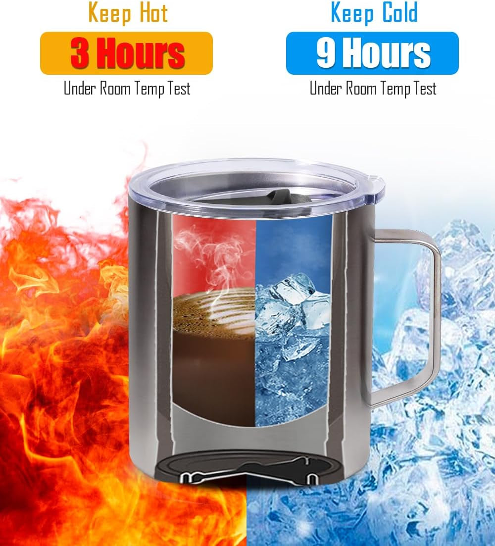 Insulated Coffee Mug with Lid, Travel Tumbler with Handle, 14 Oz Stainless Steel Cup for Camping, Office, Home, Powder Coated Caramel