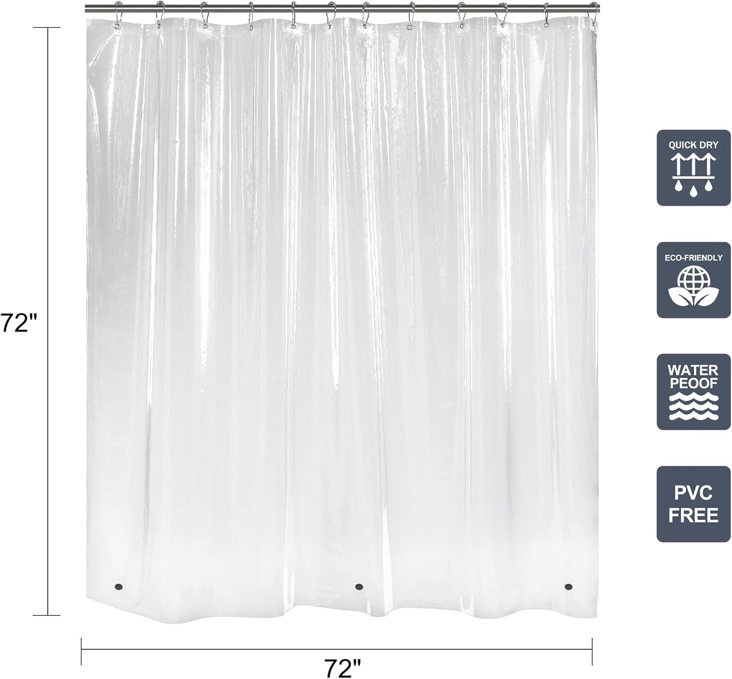 12 Pcs Shower Curtain Hooks with 72X72 Clear Shower Curtain Liner