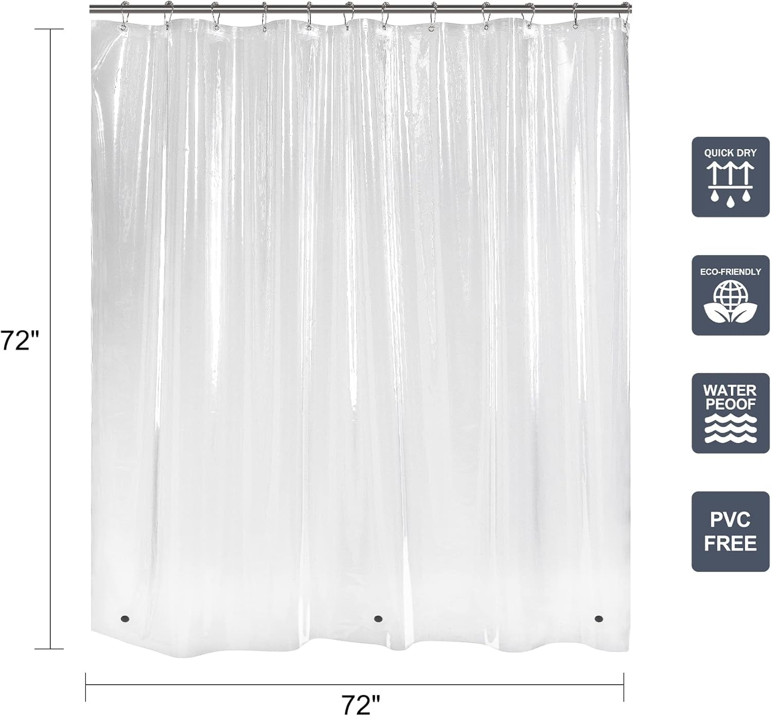 12 Pcs Shower Curtain Hooks with 72X72 Clear Shower Curtain Liner