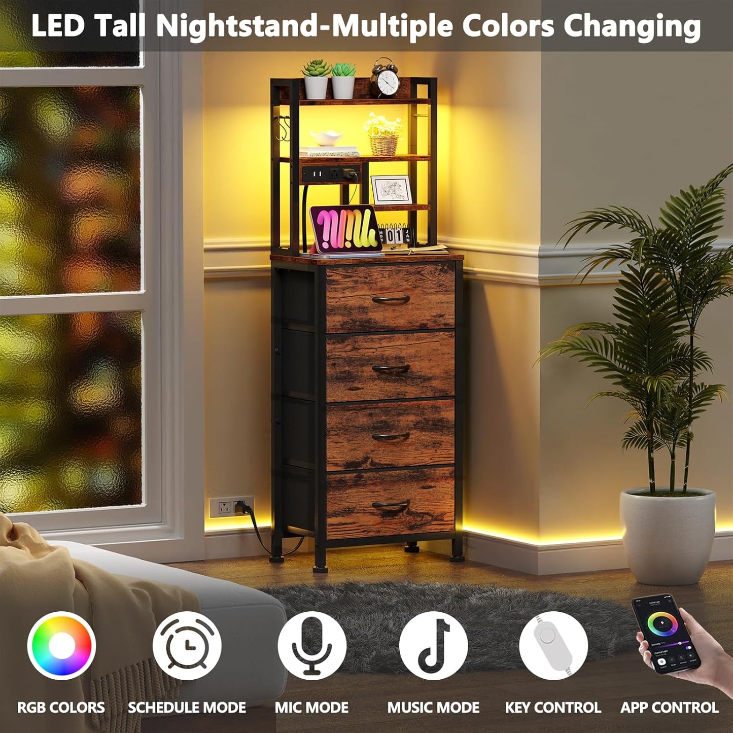 Tall Nightstand with LED Charging Station, USB Ports, Four Fabric Drawers, and Four-Tier Storage Shelf - Rustic Brown Bedside Table for Bedroom, Home, Dorm, and Office