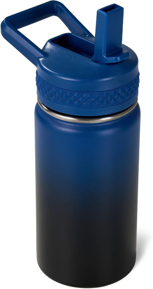 12 Oz Kids Water Bottle, Toddler Water Bottle with Straw, Boys&Girls Bottle for School, 304 Stainless Steel Vacuum Insulated Bottle for Kids, Bpa-Free, Leak-Proof, Blue Black
