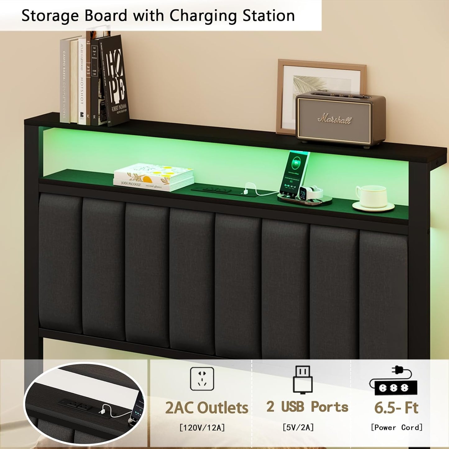 Twin Bed Frame with Integrated Charging Station and LED Lighting, Grey Upholstered Headboard with Shelving, Metal Platform Design featuring Under-Bed Storage Drawers on Wheels, No Box Spring Required