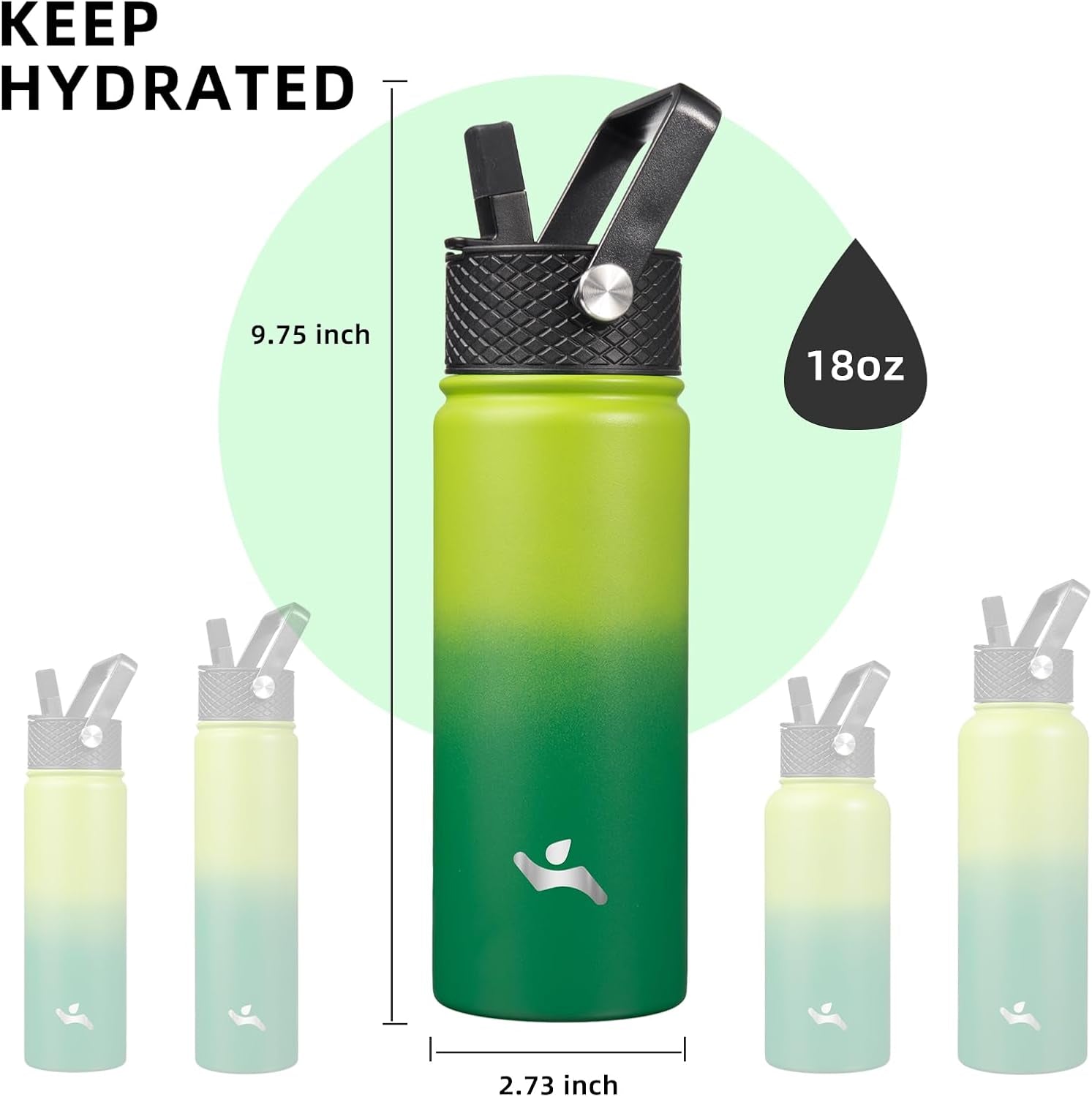 18 Oz Insulated Water Bottle Stainless Steel Sport Bottles with 3 Lids,Bamboo Grove