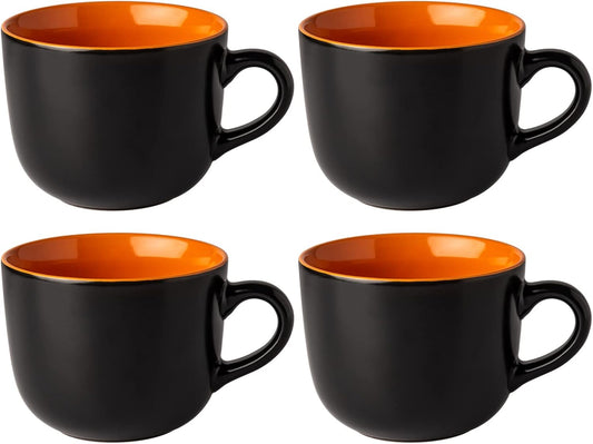 Set of 4 Jumbo Ceramic Soup Mugs with Handles, 24 Oz - Versatile Microwave and Dishwasher Safe Bowls for Coffee, Cereal, Snacks, Salad, and Noodles - Orange Interior