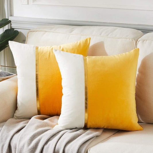 2 Packs Decorative Throw Pillow Covers 20X20 Inch for Living Room Couch Bed, Yellow and White Velvet Patchwork with Gold Leather, Luxury Modern Home Decor, Square Cushion Case 50X50 Cm