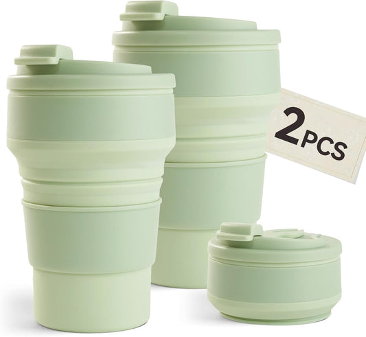 2Pcs Collapsible Cup for Traveling, Collapsible Silicone Travel Cup for Hot and 2 Drinks, Leak Proof Silicone Folding Travel Coffee Mug for Camping & Hiking, BPA Free 12Oz Green