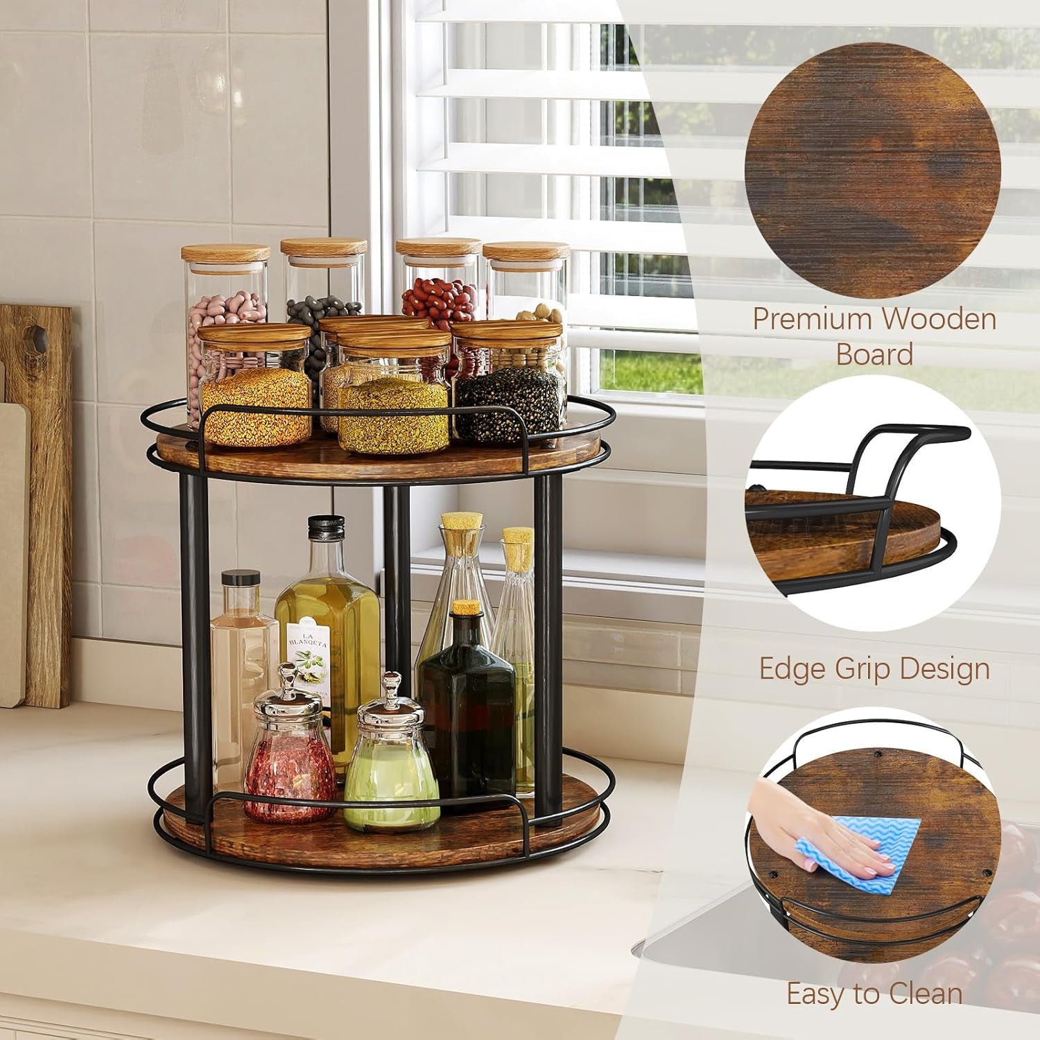 10.2'' Wood Lazy Susan Turntable Organizer for Cabinet, 2 Tier Lazy Susan Spice Rack Organizer for Kitchen, Table Top, Countertop, Pantry, Medicine Organizer
