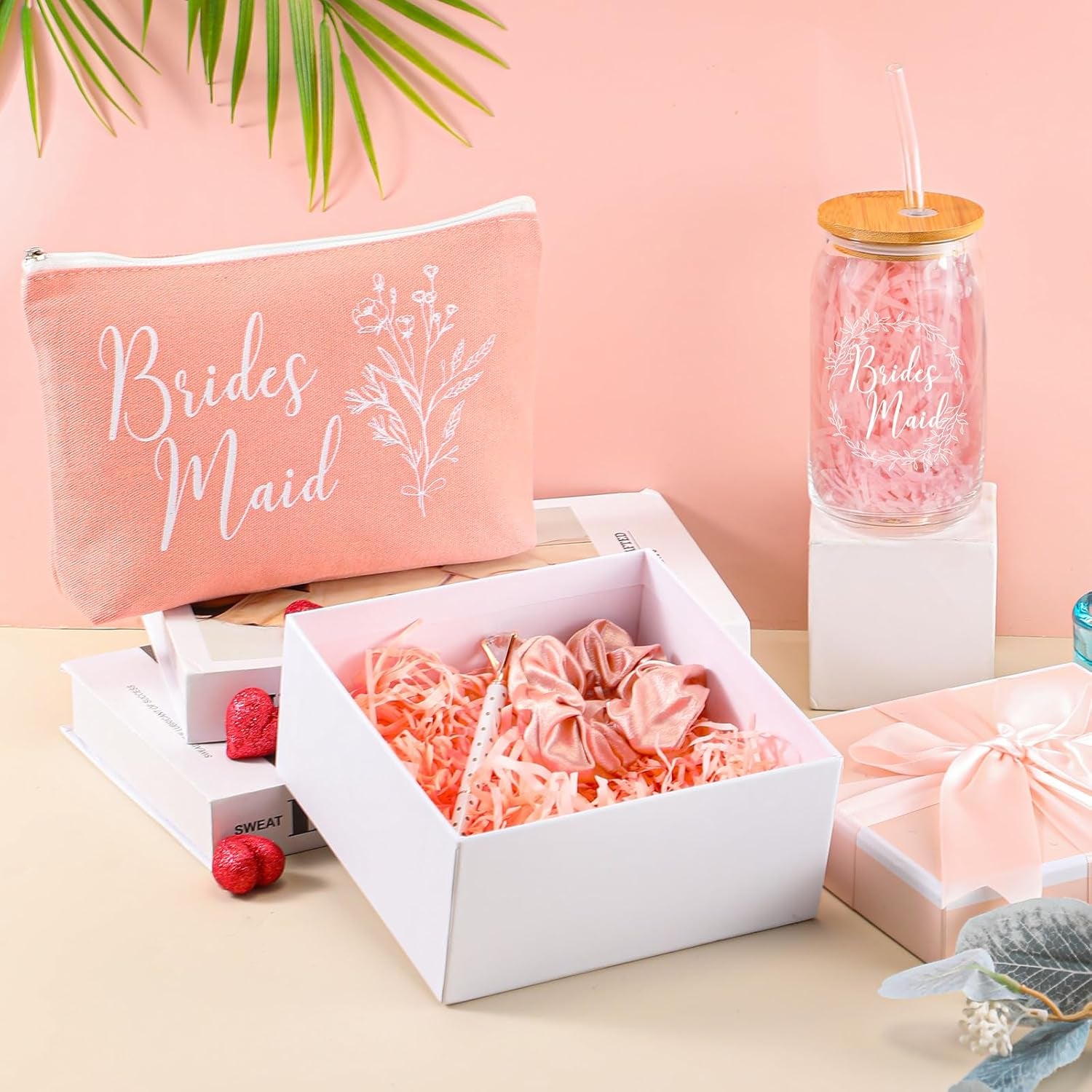 Bridesmaid Gift Box Set of 5 - Includes Glass Cups with Lids, Makeup Bags, Scrunchies, Hair Ties, and Diamond Ballpoint Pens for Wedding Party Favors (Rose Pink)