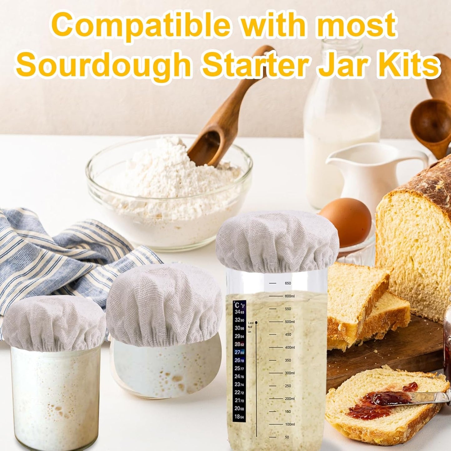 100% Cotton Sourdough Jar Cover,5 PCS Reusable Sourdough Bread Proofing Starter Jar Cloth Covers for Most Glass Mason Sour Dough Crock