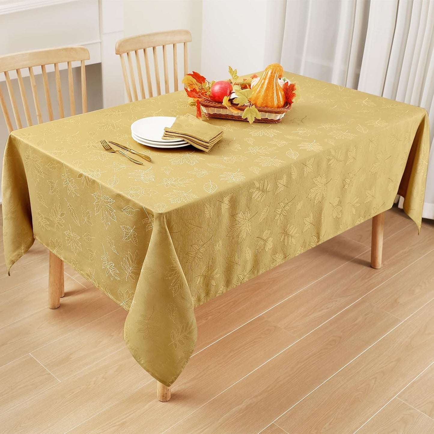 Rectangle Thanksgiving Tablecloth, 60X84 Inch Fall Waterproof Damask Table Cloth, Autumn Leaves Fabric Jacquard Table Covers for Harvest Parties, and Holiday Dinner, Gold