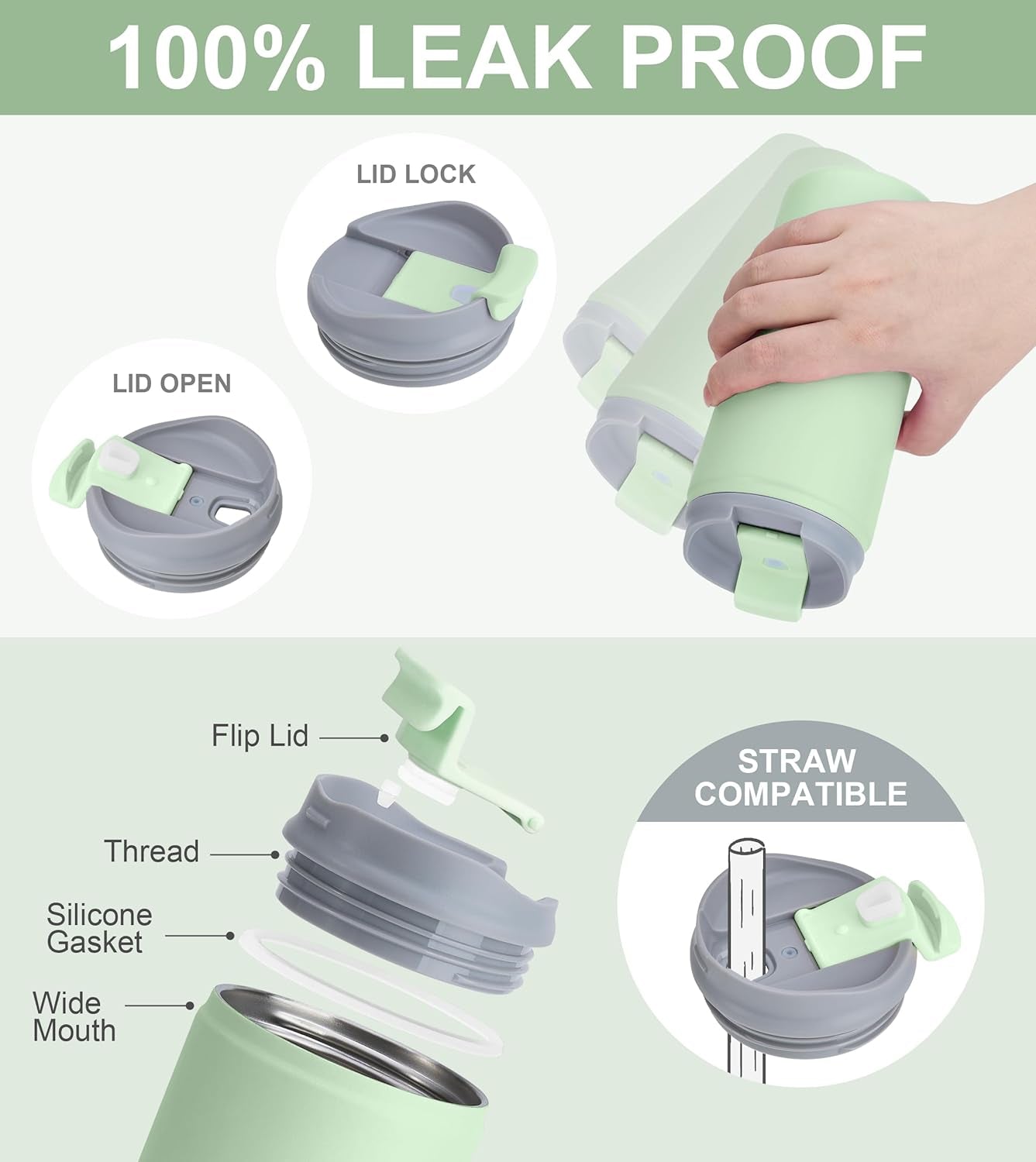 Insulated Coffee Mug with Lid, Leak Proof Tumbler Stainless Steel, 12 Oz Travel Cup for Office, Home, Powder Coated Matcha